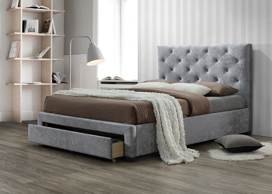 Melania Grey Crushed Velvet Bed - HJ furniture